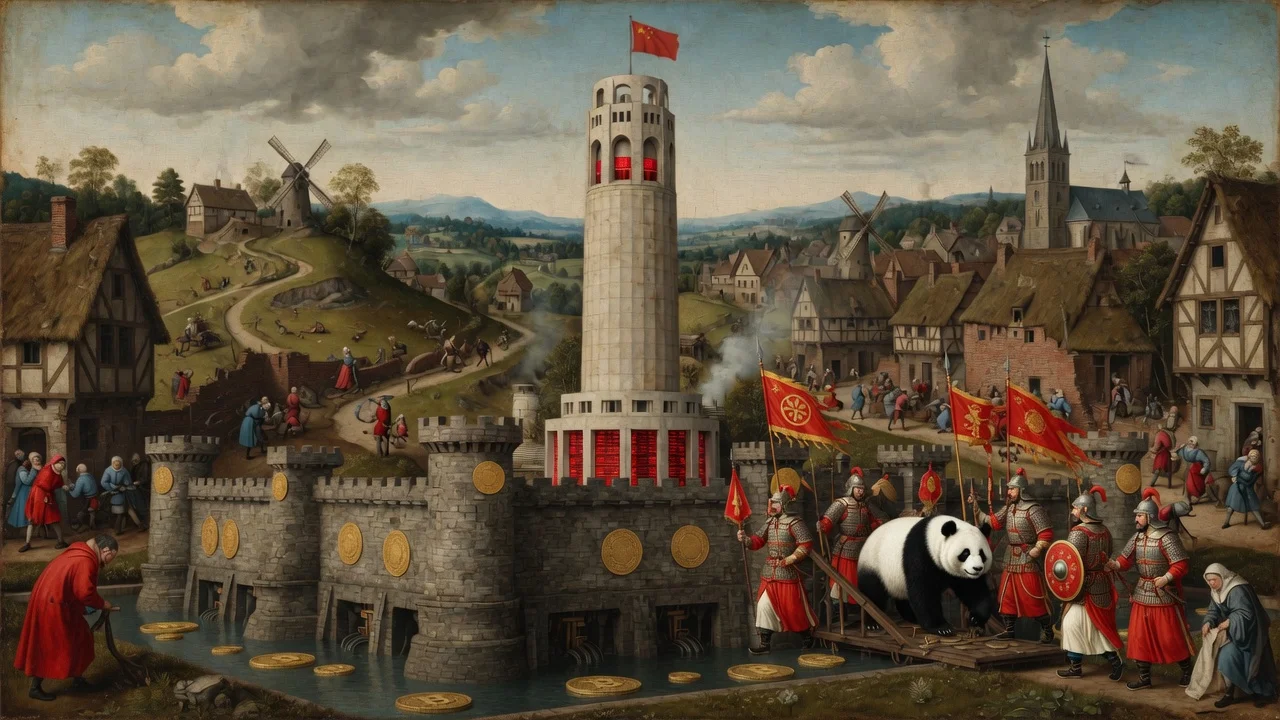 Bruegel-style allegory of a data-center castle with moat, gold, and a panda escorted by warriors under a Chinese flag