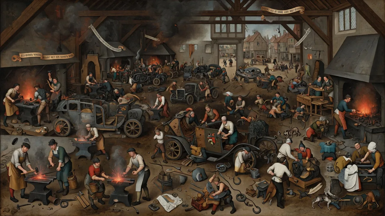 Bruegel-style allegory of medieval guild craftsmen forging automobiles with fire and iron hammers