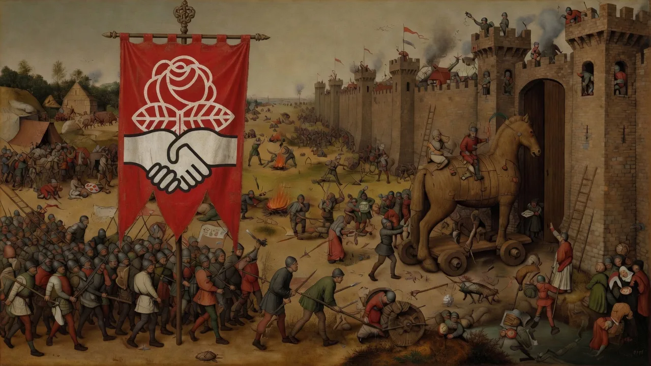 Bruegel-style allegory: DSA banner leads a barbarian horde toward walled Troy and a Trojan horse